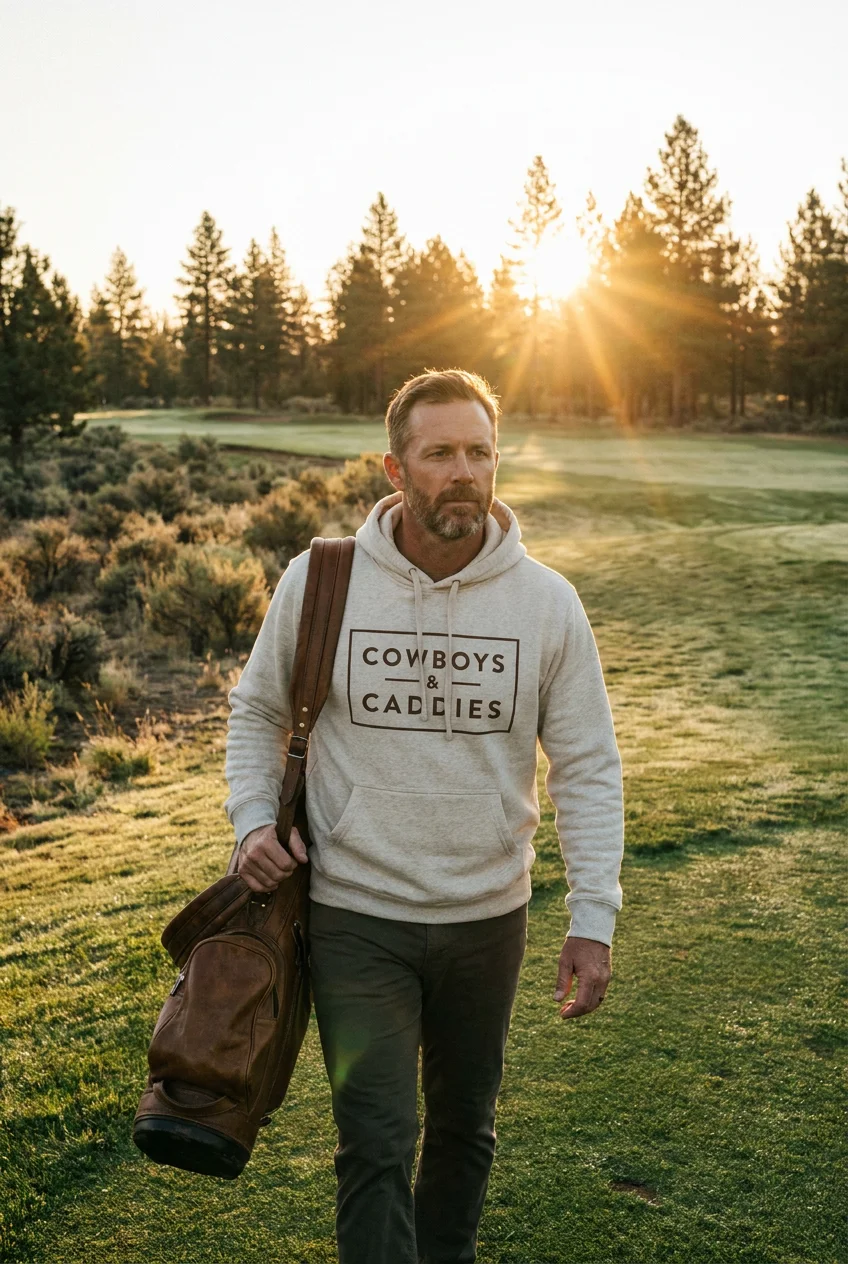 Man in the oatmeal Classic hoodie walking a fairway at dawn with a leather golf bag