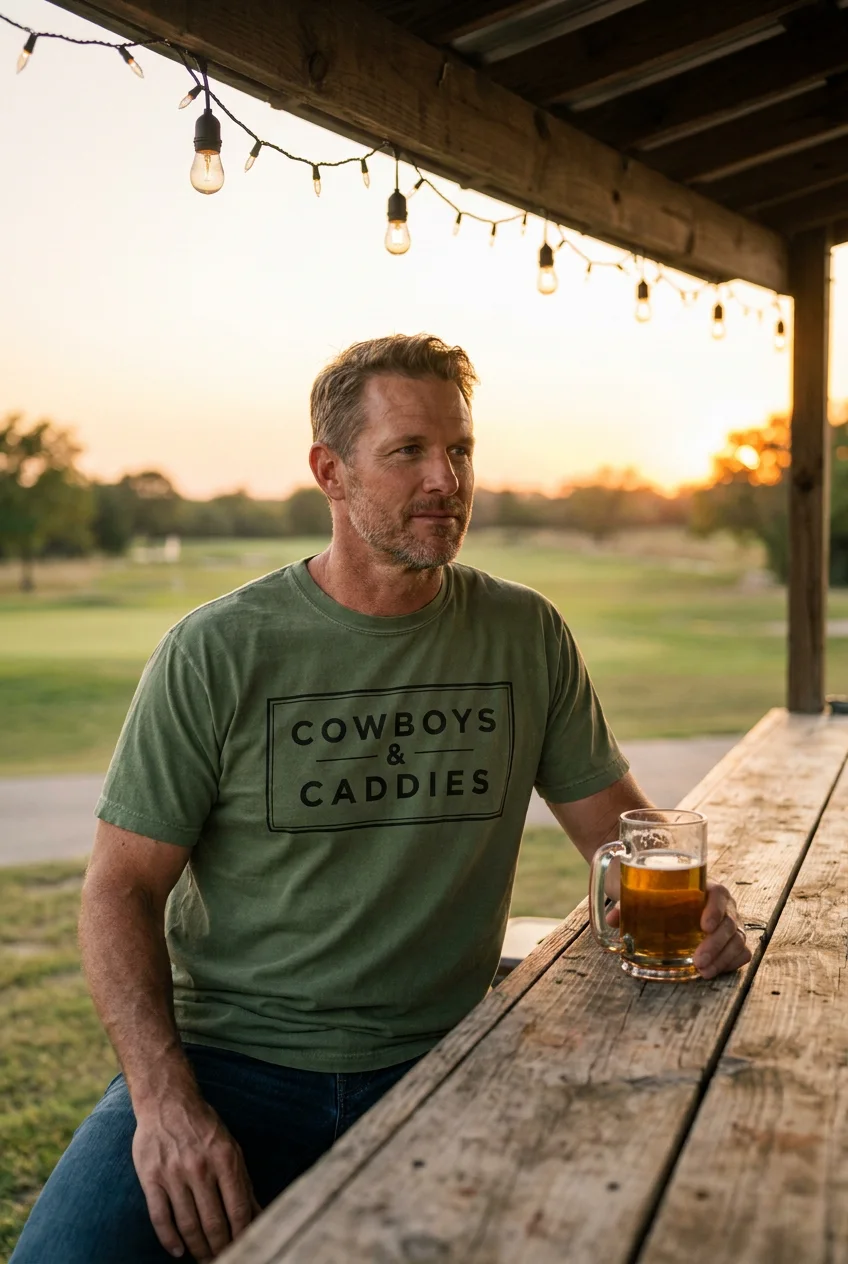 Man in the Moss Classic Box tee at a course-side bar at sunset